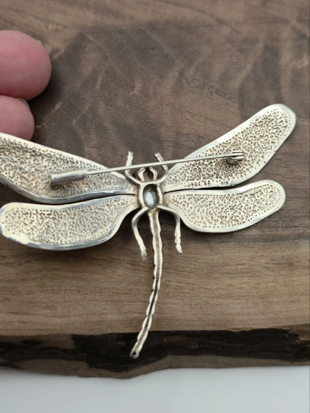 Vintage Dragonfly Insect Brooch Pearl Repousse Art Nouveau 925 Sterling Silver